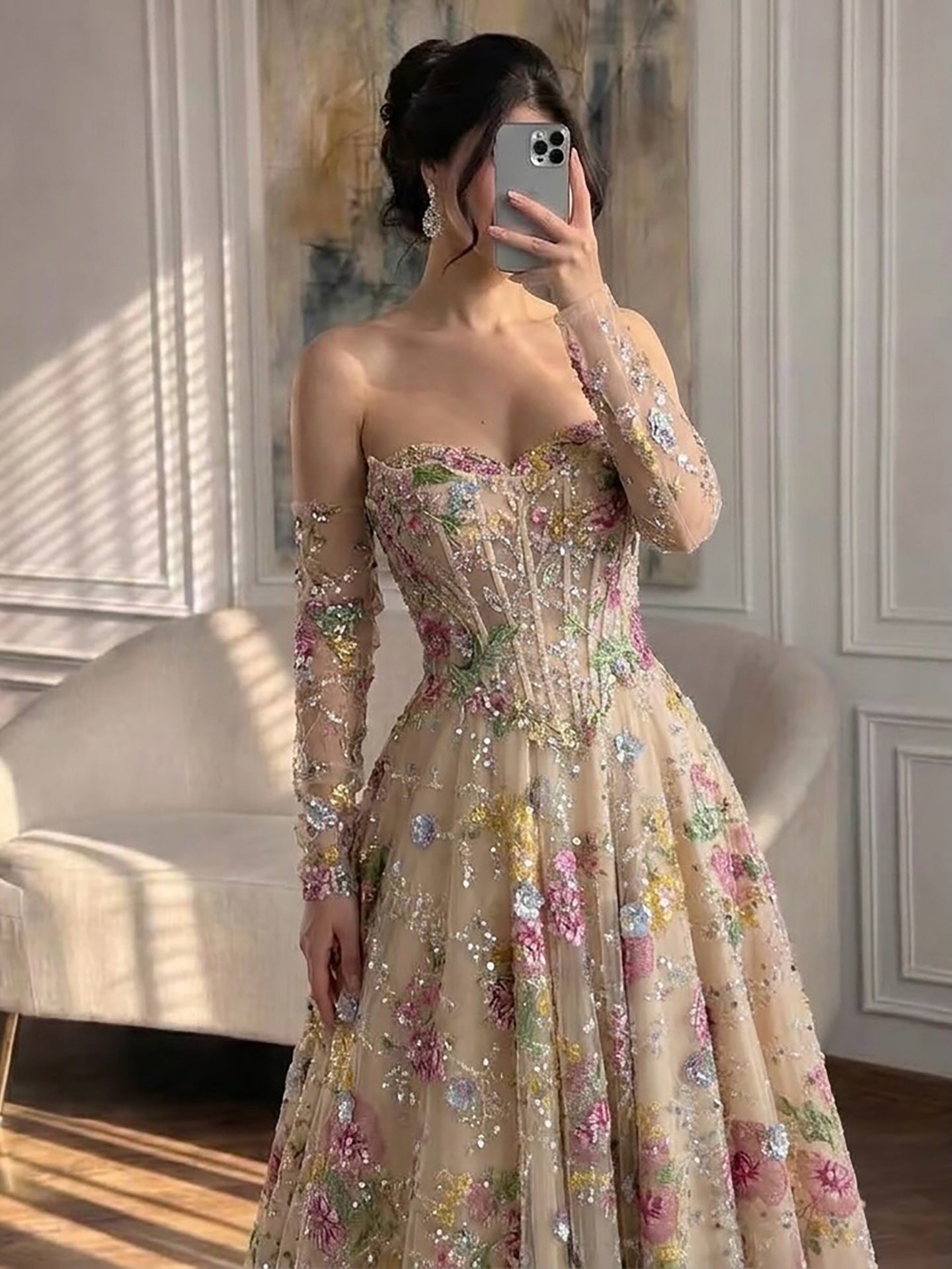 Luxury Nude Pink Floral Beaded A Line Dress with Sleeves LA73552H