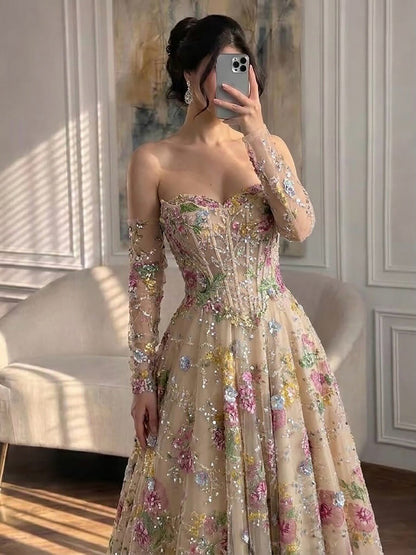Luxury Nude Pink Floral Beaded A Line Dress with Sleeves LA73552H