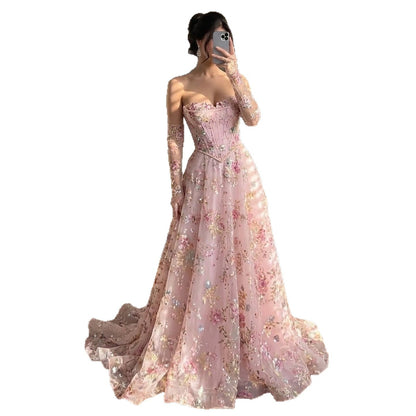 Luxury Pink Floral Beaded A Line Dress with Sleeves LA73552H