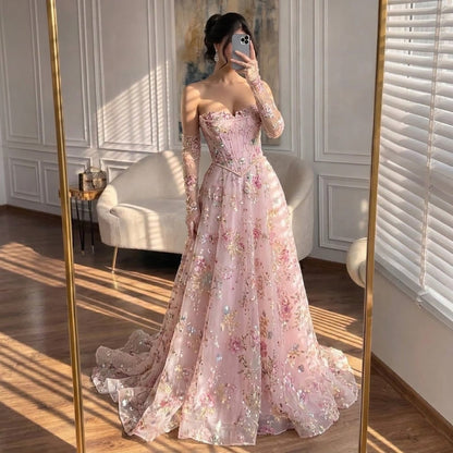 Luxury Pink Floral Beaded A Line Dress with Sleeves LA73552H