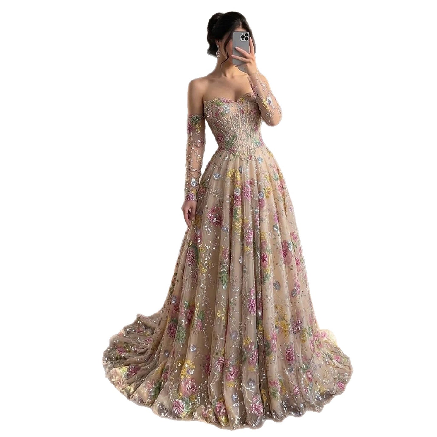 Luxury Nude Pink Floral Beaded A Line Dress with Sleeves LA73552H