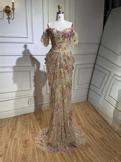 Luxury Nude Floral Off Shoulder Mermaid Dress LA73552I