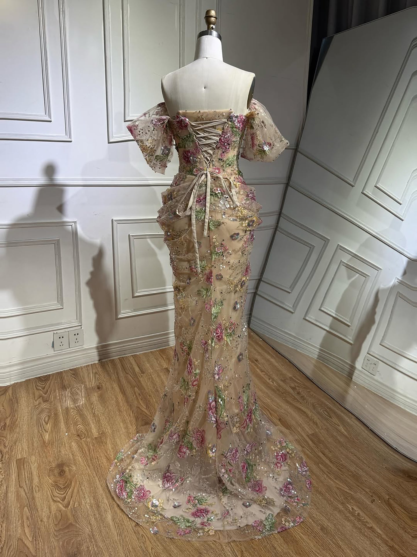 Luxury Nude Floral Off Shoulder Mermaid Dress LA73552I