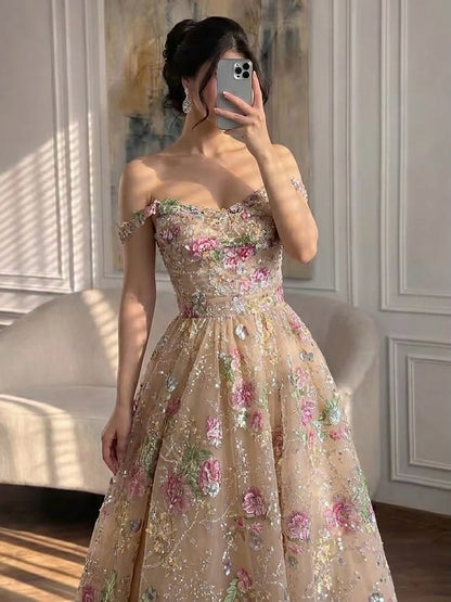 Luxury Nude Pink Off-Shoulder Floral Evening Dress LA73552K