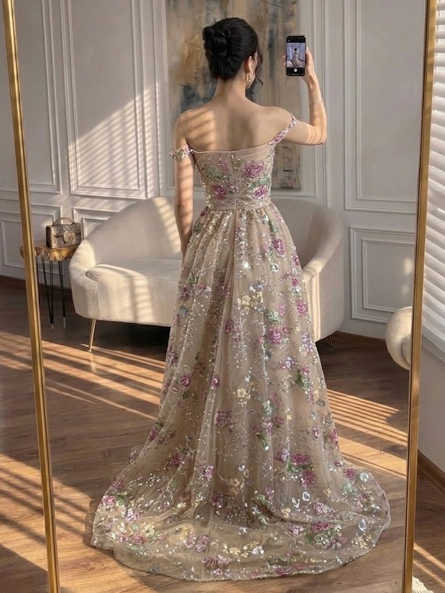 Luxury Nude Pink Off-Shoulder Floral Evening Dress LA73552K