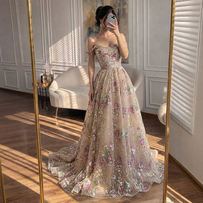 Luxury Nude Pink Off-Shoulder Floral Evening Dress LA73552K