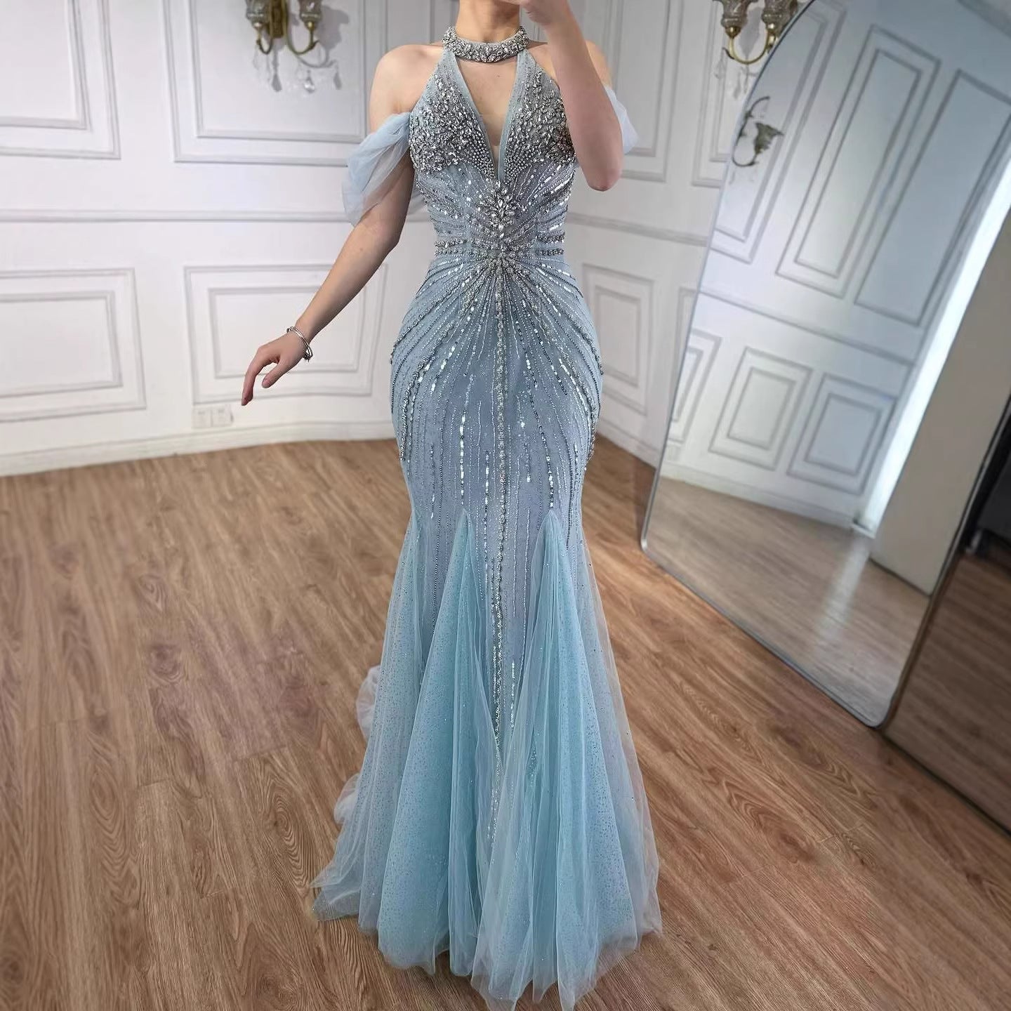 Luxury Gray Off The Shoulder Feather Beaded Mermaid Evening Dress LA73554