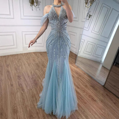 Luxury Gray Off The Shoulder Feather Beaded Mermaid Evening Dress LA73554