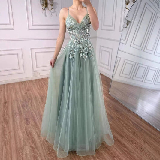 Elegant Sage Green Spaghetti Strap A Line Beaded Evening Prom Dress LA73556