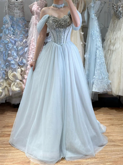 Luxury Blue A Line Beaded Evening Dress For Formal Occasion LA73584