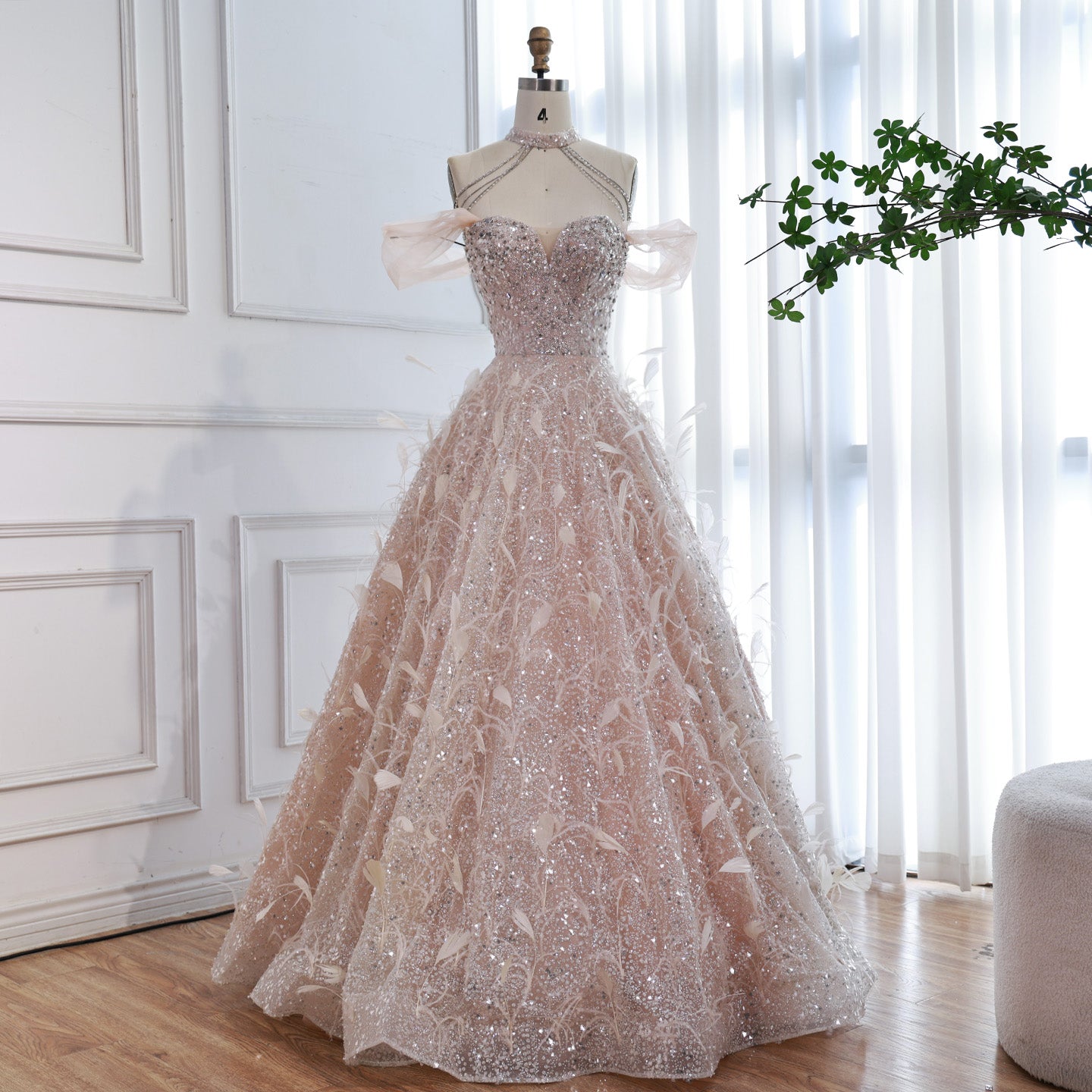 Luxury Pink Off The Shoulder 3D Flower Beaded Ball Gown LA73585