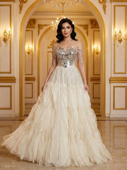 Luxury Beige Beaded Off Shoulder Ball Gown Evening Dress LA73587