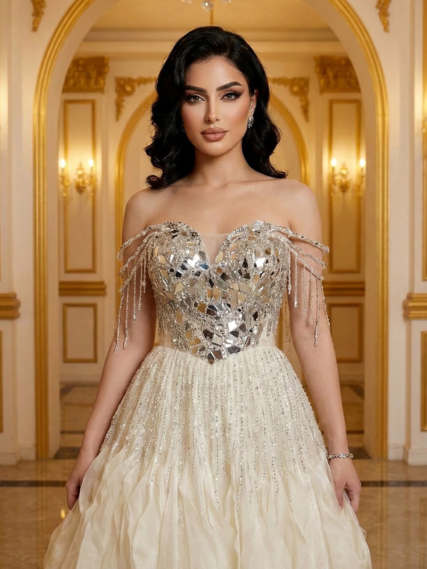 Luxury Beige Beaded Off Shoulder Ball Gown Evening Dress LA73587