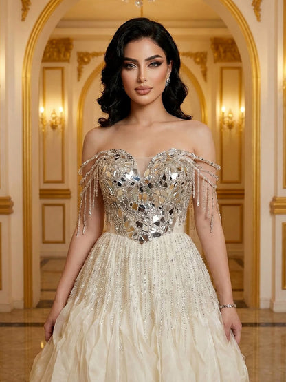 Luxury Beige Beaded Off Shoulder Ball Gown Evening Dress LA73587