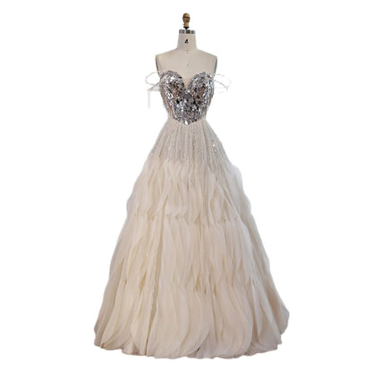 Luxury Beige Beaded Off Shoulder Ball Gown Evening Dress LA73587