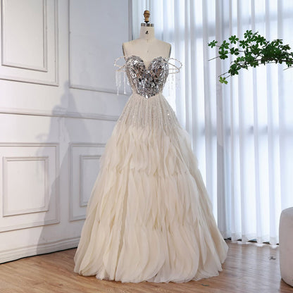 Luxury Beige Beaded Off Shoulder Ball Gown Evening Dress LA73587