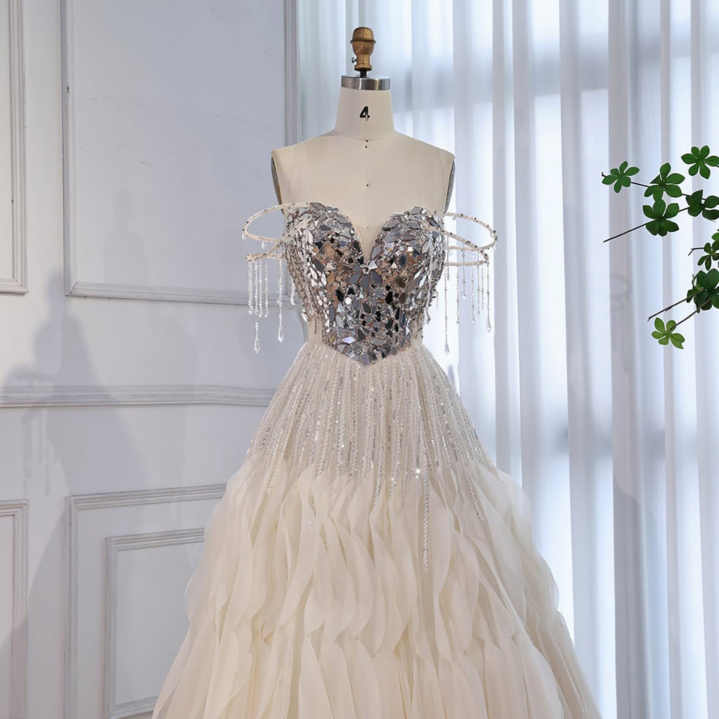 Luxury Beige Beaded Off Shoulder Ball Gown Evening Dress LA73587