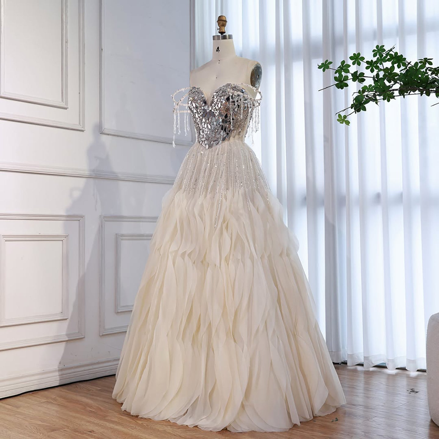 Luxury Beige Beaded Off Shoulder Ball Gown Evening Dress LA73587