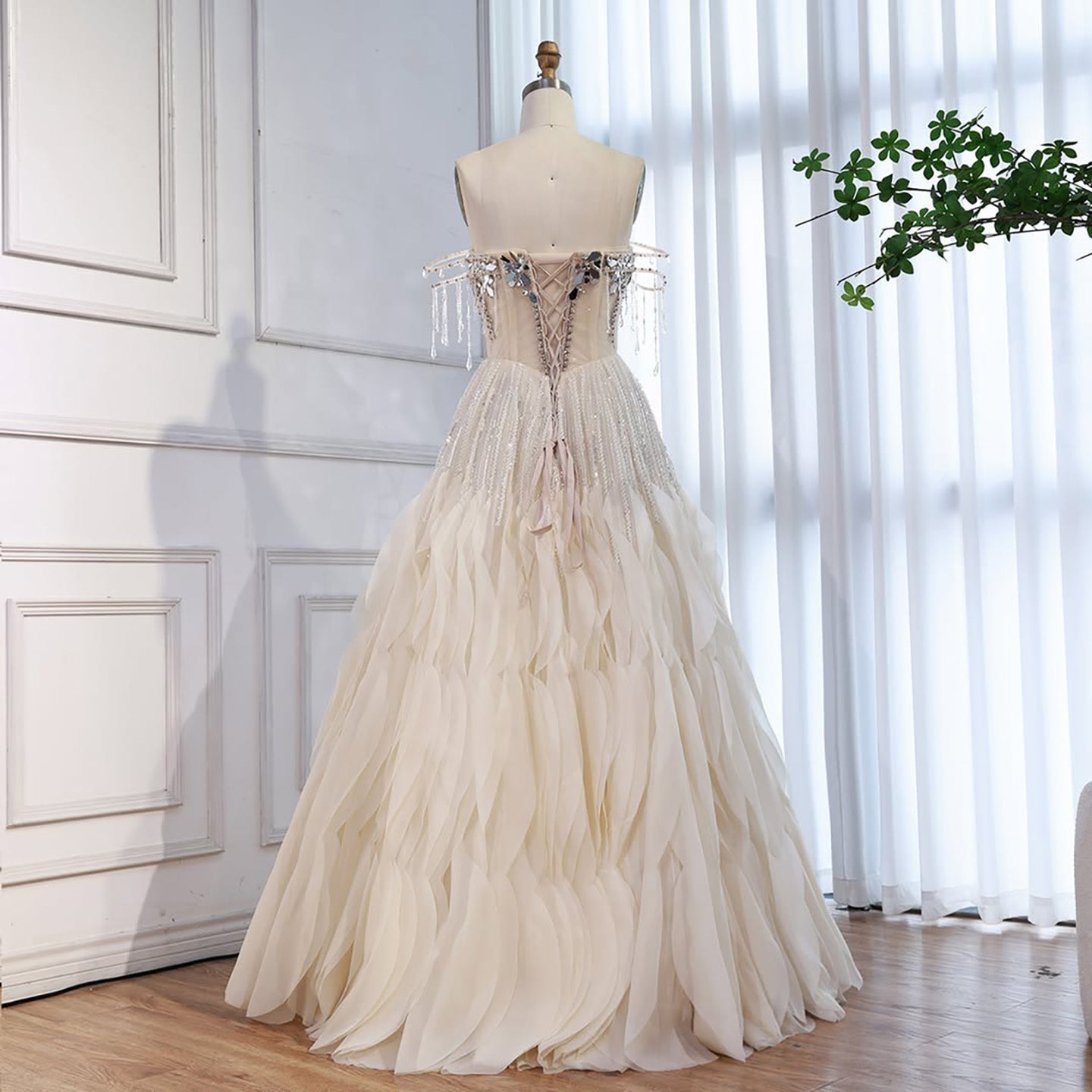 Luxury Beige Beaded Off Shoulder Ball Gown Evening Dress LA73587