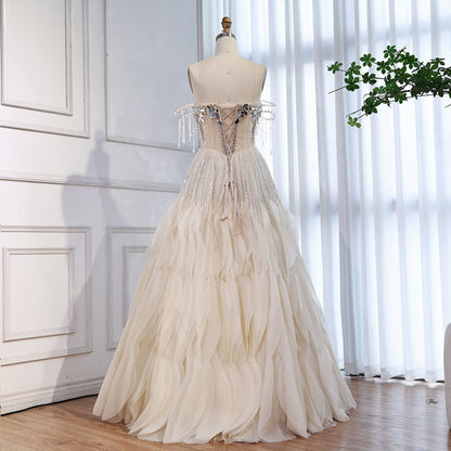 Luxury Beige Beaded Off Shoulder Ball Gown Evening Dress LA73587