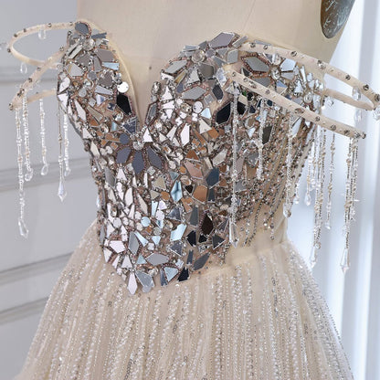 Luxury Beige Beaded Off Shoulder Ball Gown Evening Dress LA73587