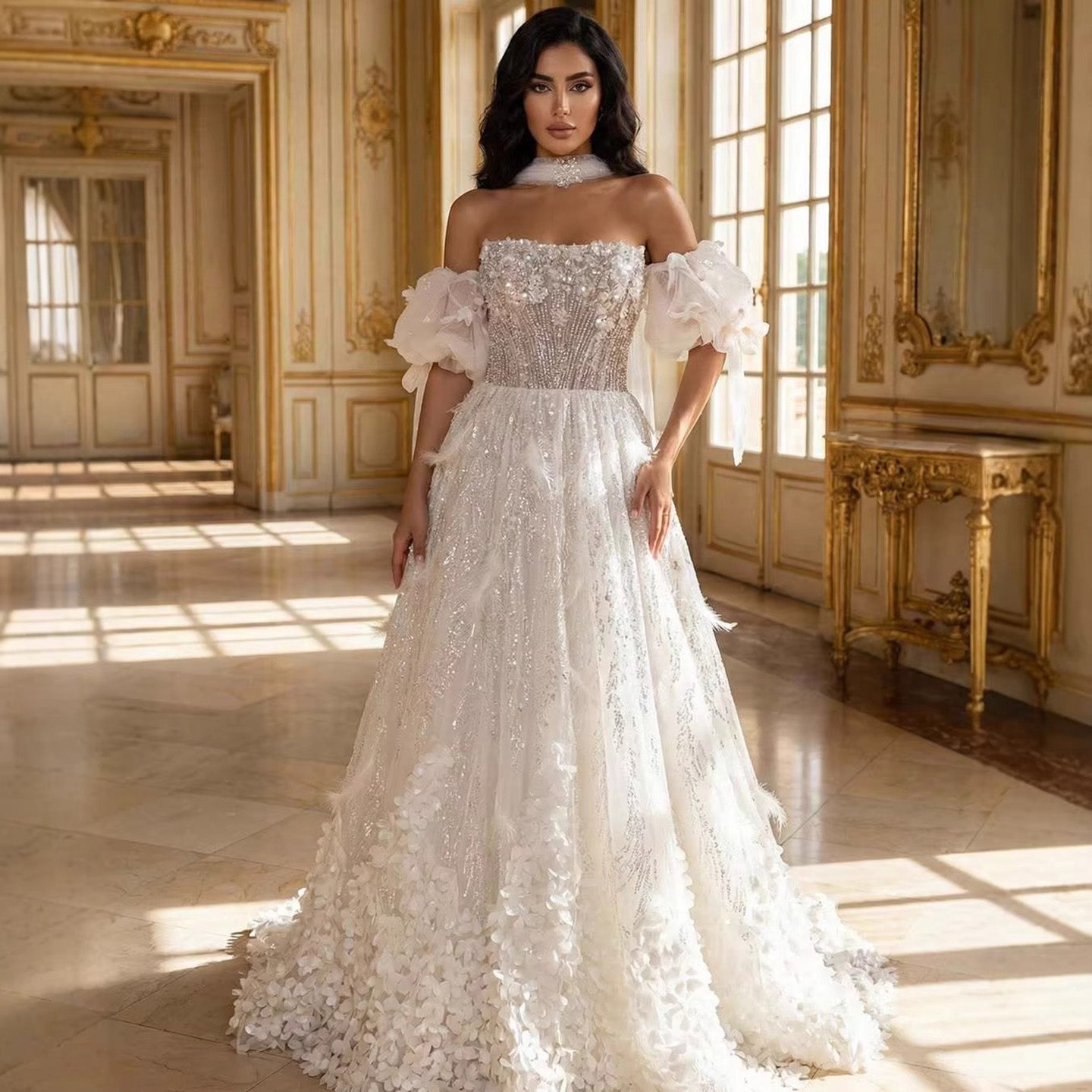 Luxury Beige Strapless Beaded Corset 3D Floral Ball Gown LA73589
