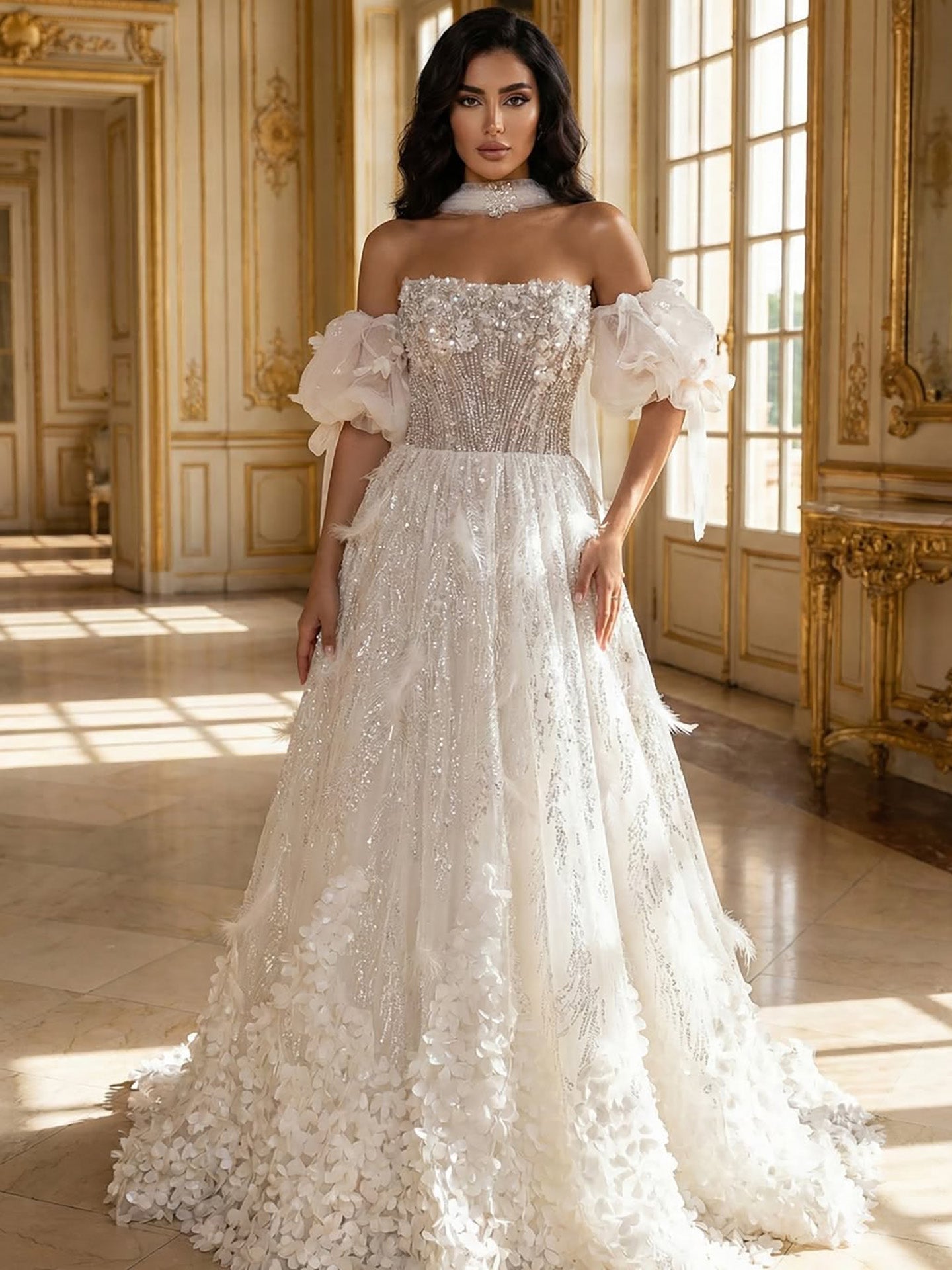 Luxury Beige Strapless Beaded Corset 3D Floral Ball Gown LA73589