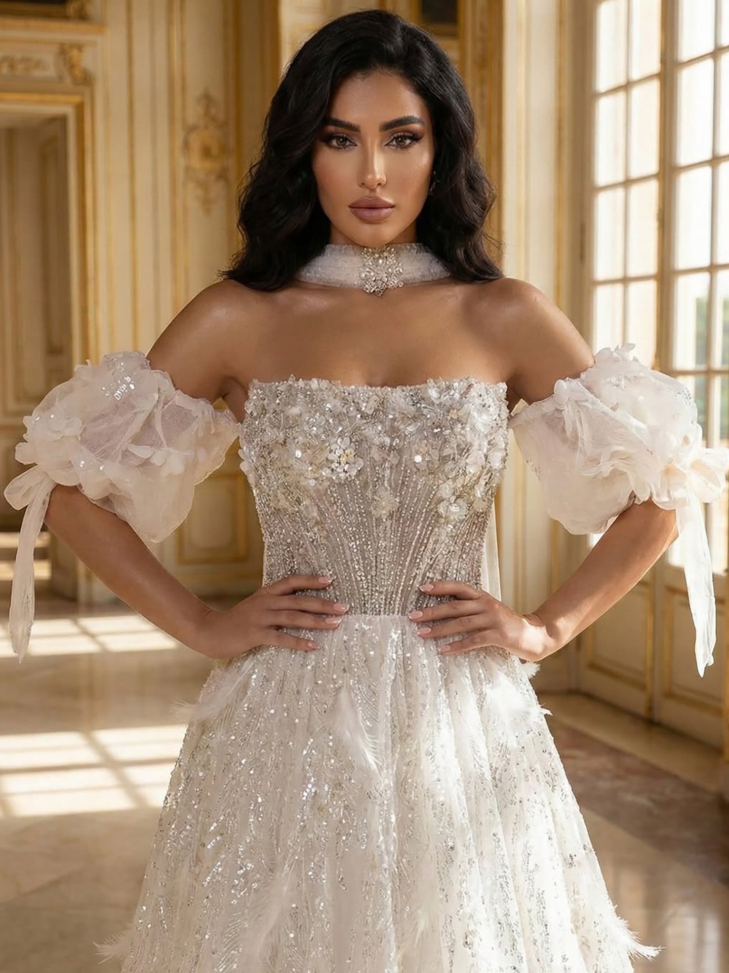 Luxury Beige Strapless Beaded Corset 3D Floral Ball Gown LA73589