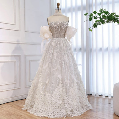 Luxury Beige Strapless Beaded Corset 3D Floral Ball Gown LA73589