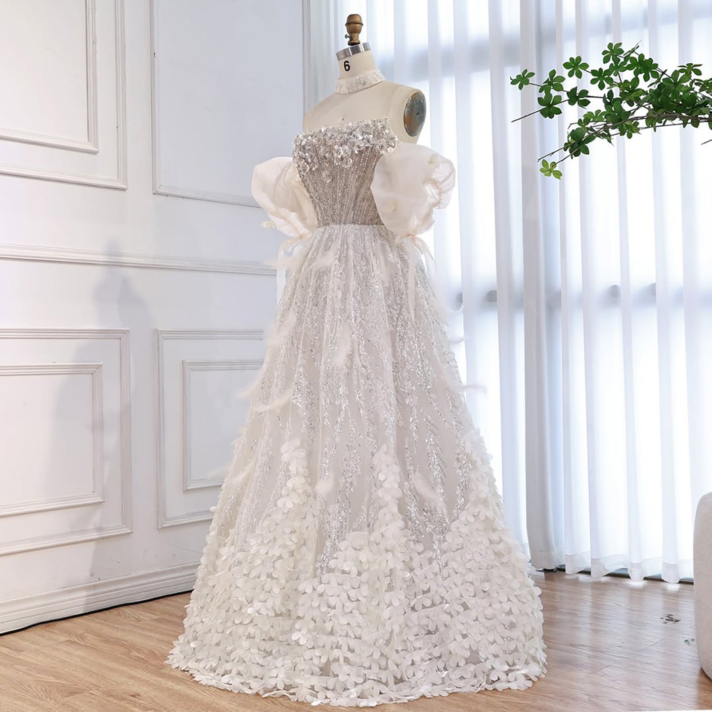 Luxury Beige Strapless Beaded Corset 3D Floral Ball Gown LA73589