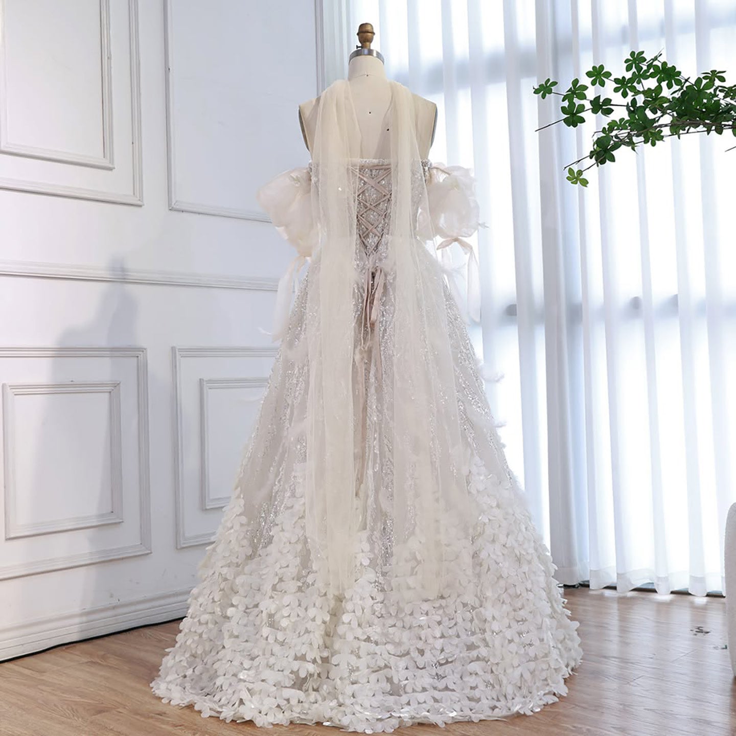 Luxury Beige Strapless Beaded Corset 3D Floral Ball Gown LA73589