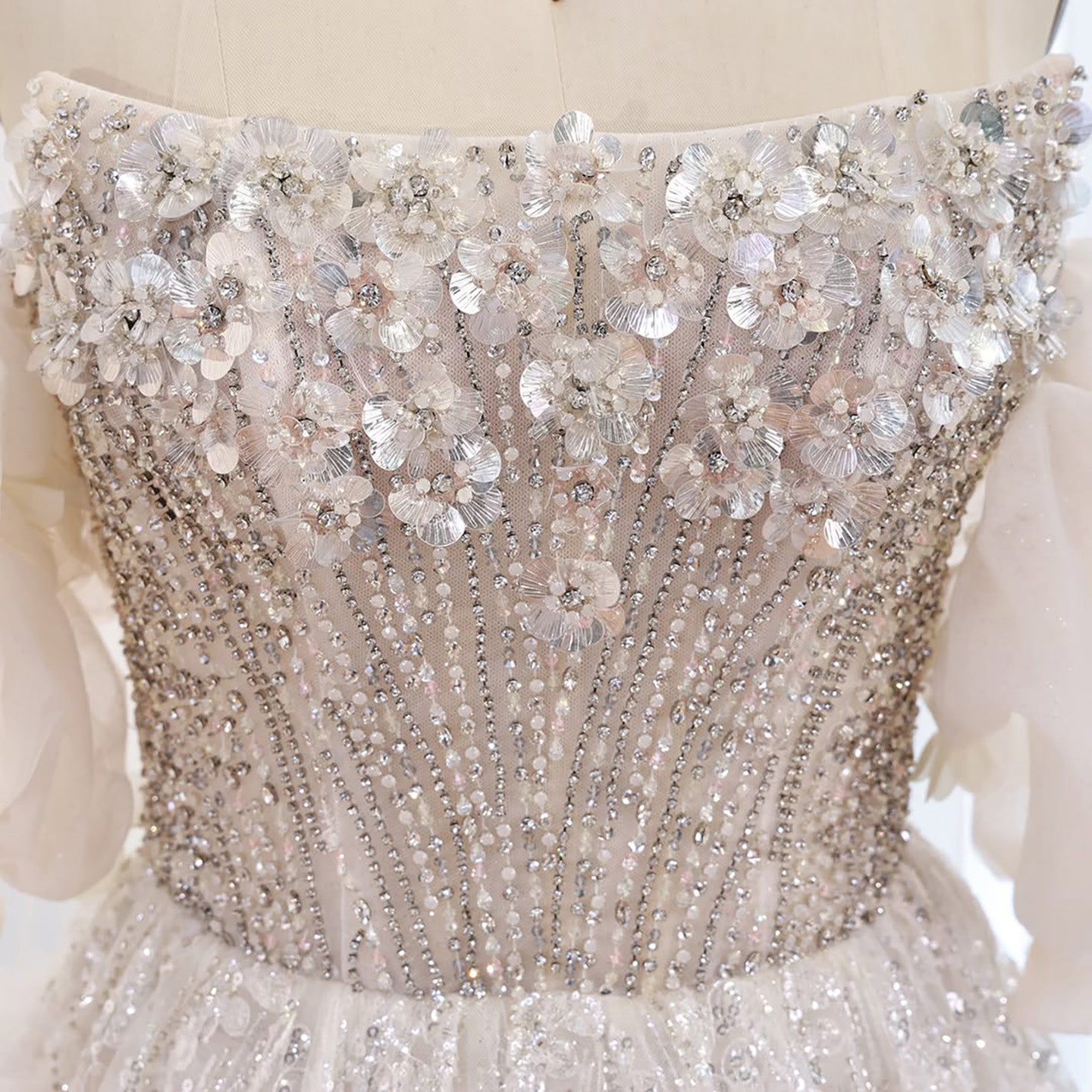 Luxury Beige Strapless Beaded Corset 3D Floral Ball Gown LA73589
