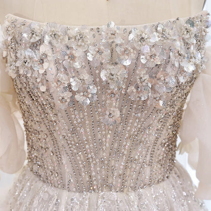 Luxury Beige Strapless Beaded Corset 3D Floral Ball Gown LA73589