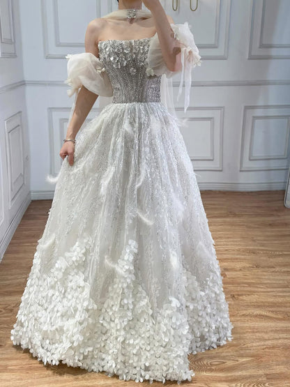 Luxury Beige Strapless Beaded Corset 3D Floral Ball Gown LA73589