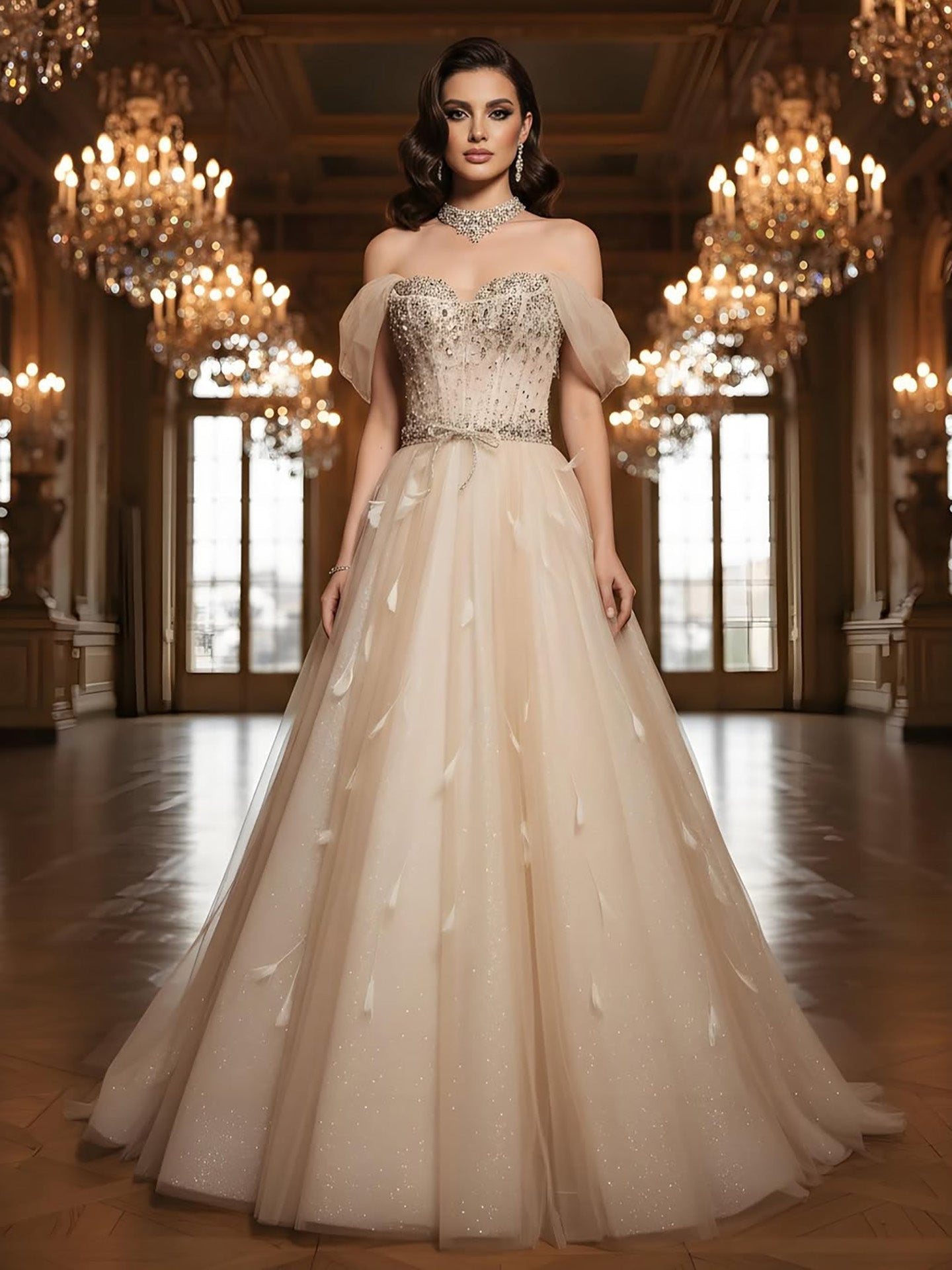 Luxury Cream Crystal Beaded Feather A Line Evening Dress LA73591