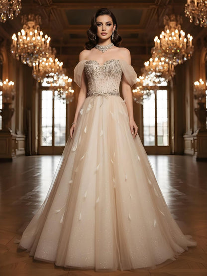 Luxury Cream Crystal Beaded Feather A Line Evening Dress LA73591