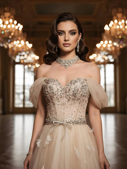 Luxury Cream Crystal Beaded Feather A Line Evening Dress LA73591