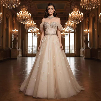 Luxury Cream Crystal Beaded Feather A Line Evening Dress LA73591