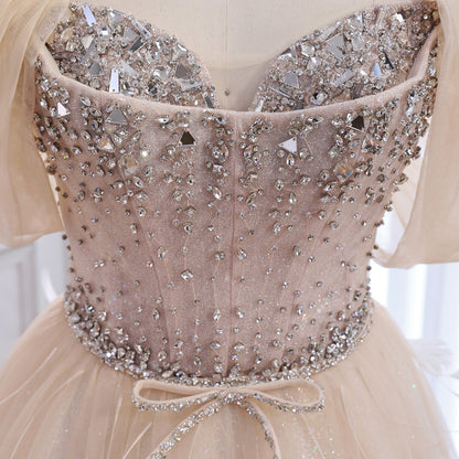 Luxury Cream Crystal Beaded Feather A Line Evening Dress LA73591