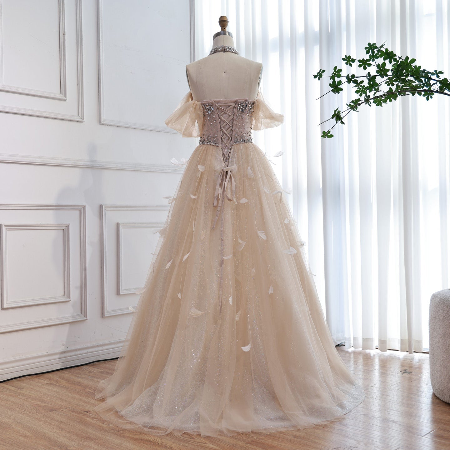 Luxury Cream Crystal Beaded Feather A Line Evening Dress LA73591