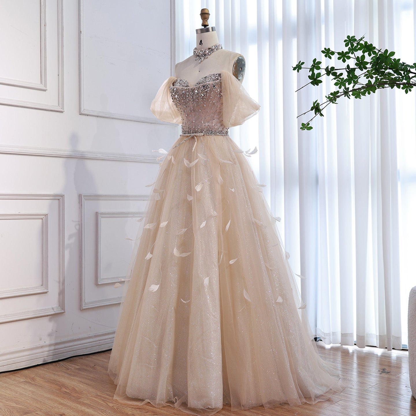 Luxury Cream Crystal Beaded Feather A Line Evening Dress LA73591