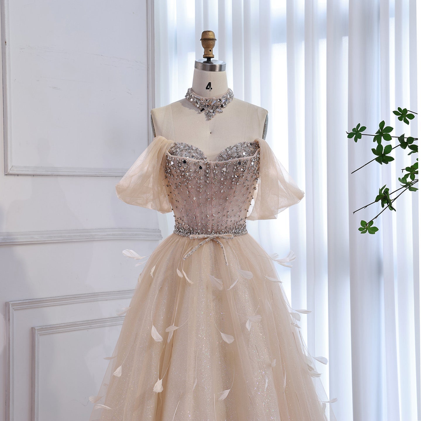 Luxury Cream Crystal Beaded Feather A Line Evening Dress LA73591