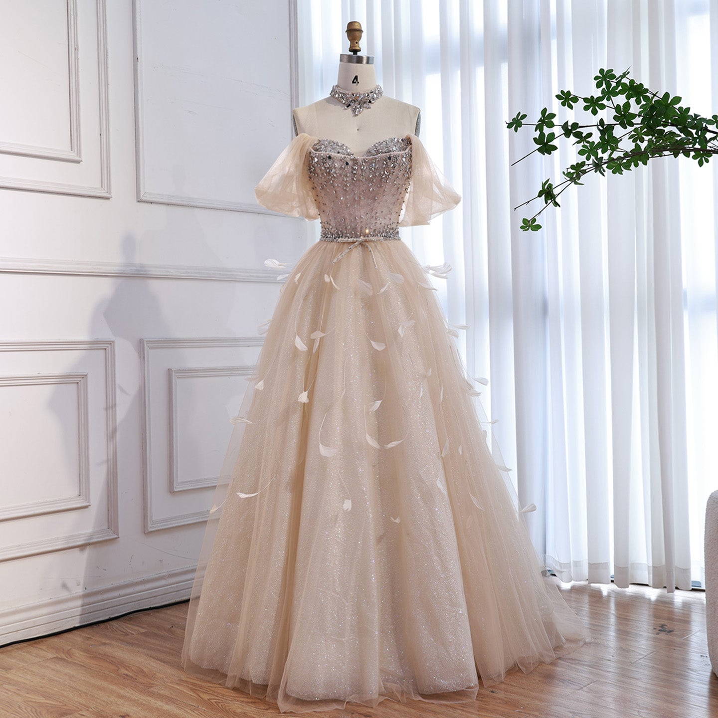 Luxury Cream Crystal Beaded Feather A Line Evening Dress LA73591