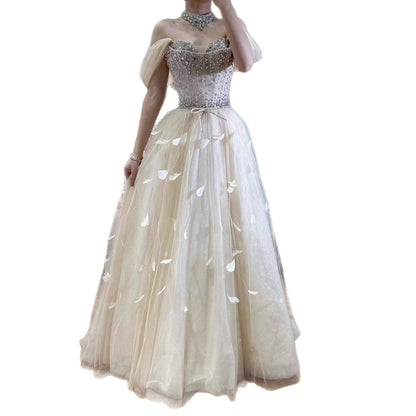 Luxury Cream Crystal Beaded Feather A Line Evening Dress LA73591