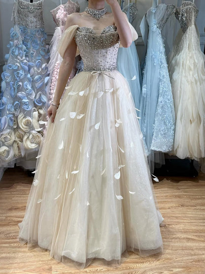 Luxury Cream Crystal Beaded Feather A Line Evening Dress LA73591