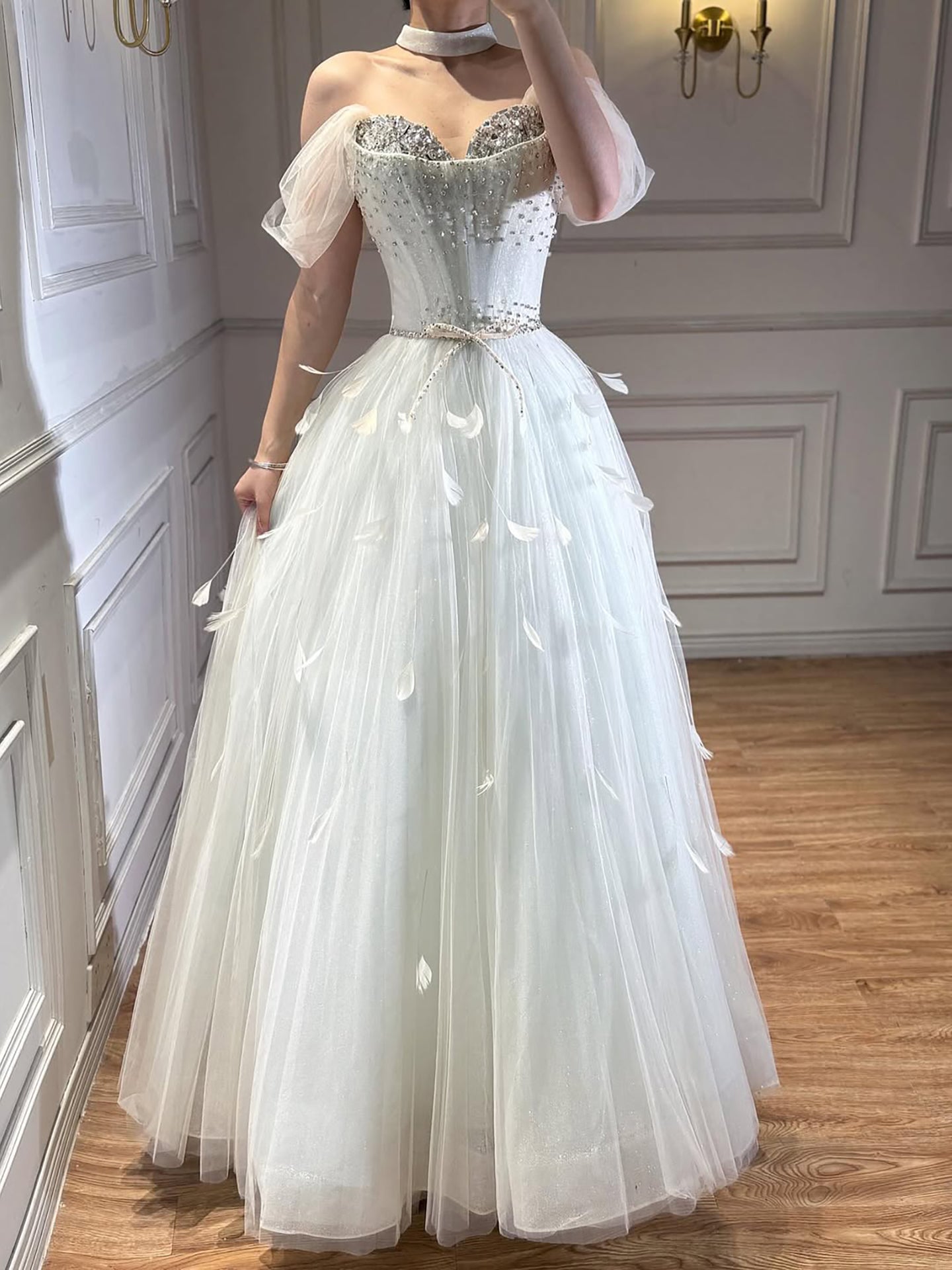 Luxury White Crystal Beaded Feather A-Line Evening Dress LA73591A