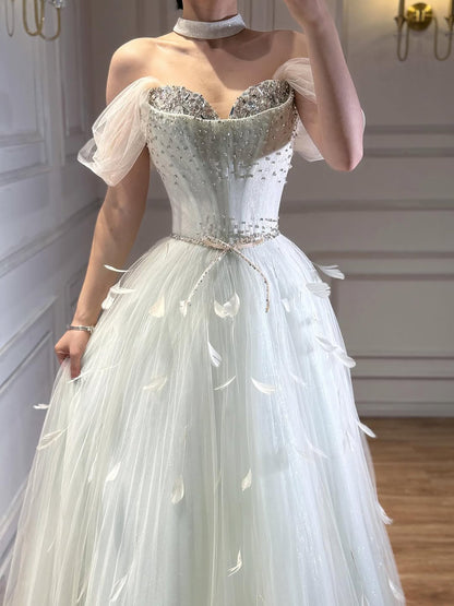 Luxury White Crystal Beaded Feather A-Line Evening Dress LA73591A