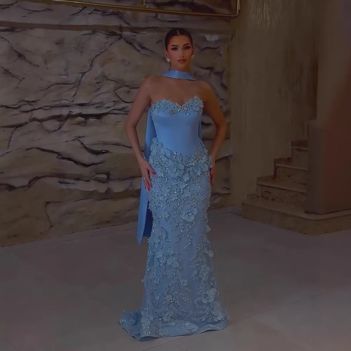Luxury Blue 3D Flower Beaded Mermaid Evening Dress With Cape LA73593