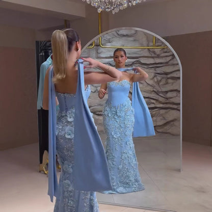 Luxury Blue 3D Flower Beaded Mermaid Evening Dress With Cape LA73593