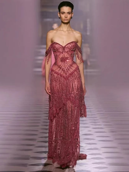 Luxury Fuchsia Beaded A-Line Evening Dress With Tassels LA73594